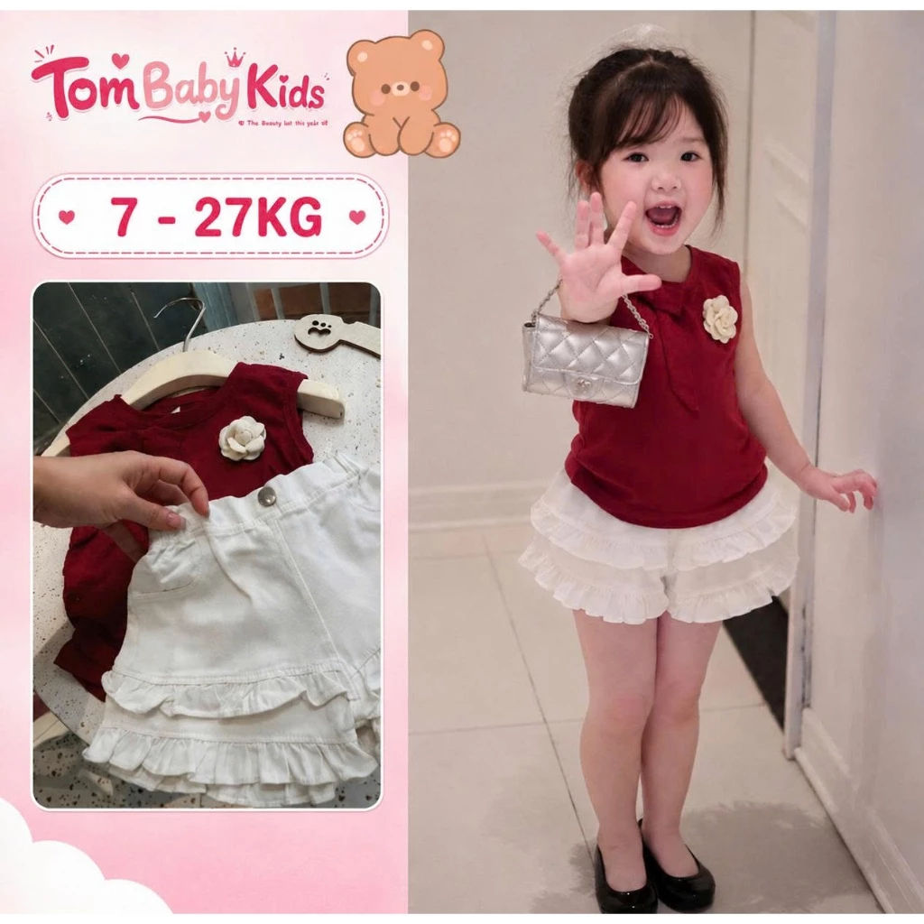 Đồ bộ bé gái, set đồ bé gái áo sát nách đính nơ hoa phối quần short viền bèo cho bé 7-27kg Tom Baby Kids