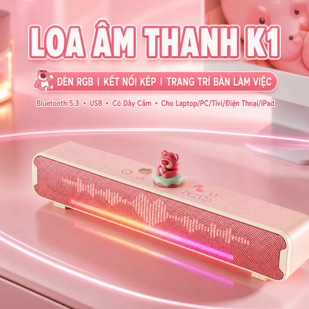 Loa bluetooth K1 hồng phiên Để Bàn Có Dây Cắm, Loa Máy Tính Led RGB cho vi tính laptop PC tivi điện thoại iPad