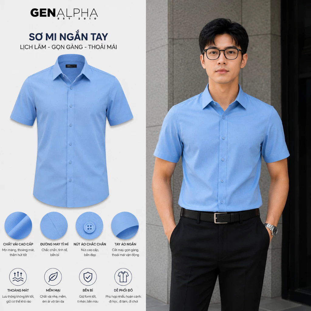 Áo sơ mi nam ngắn tay Xanh trơn GEN ALPHA form regular, vải lụa chéo đẹp hạn chế nhăn