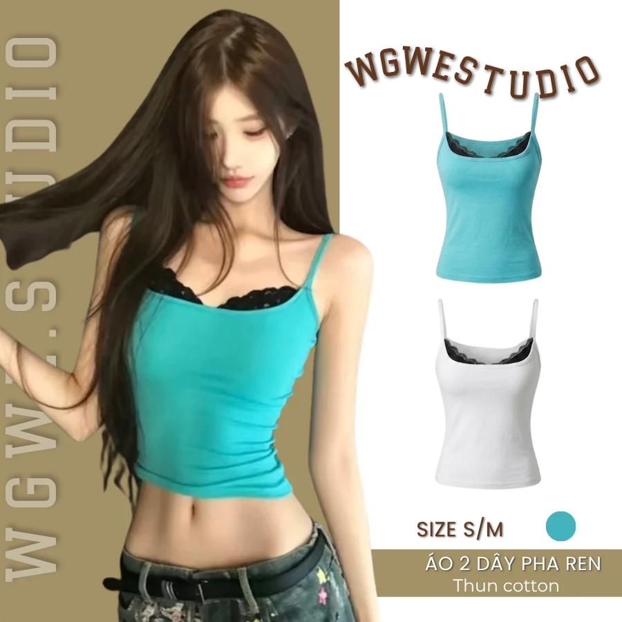 WGWE Studio / ENEN - Áo 2 Dây Nữ Cotton Co Giãn Phối Ren Layer - Áo Hai Dây Ôm Body Tiểu Thư Hot Trend 10819