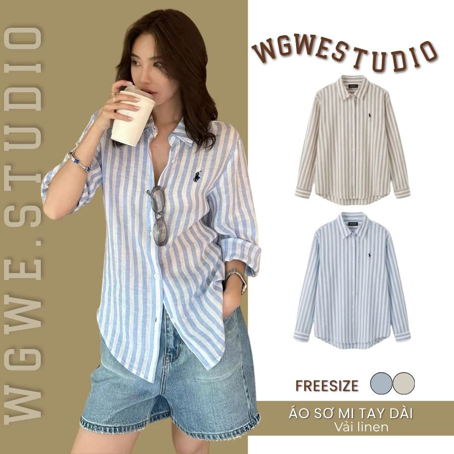 Sẵn Be ENEN - Áo Sơ Mi Linen Nữ Kẻ Sọc Thêu Ngựa, Tay Dài Form Rộng Oversize Hàn Quốc 10792