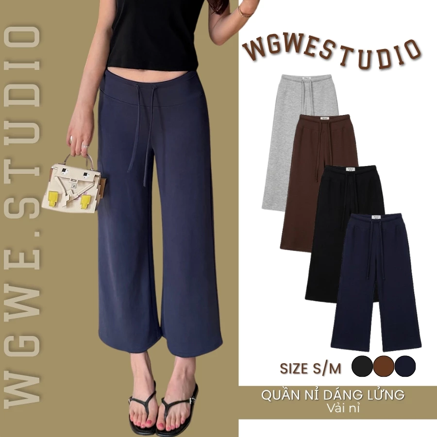 Sẵn Xám SM Nâu SM Navy SM Đen M  ENEN - Quần Lửng Nỉ Nữ Ống Suông Rộng Phối Dây Rút Cạp Cao Basic Thu Đông 10787