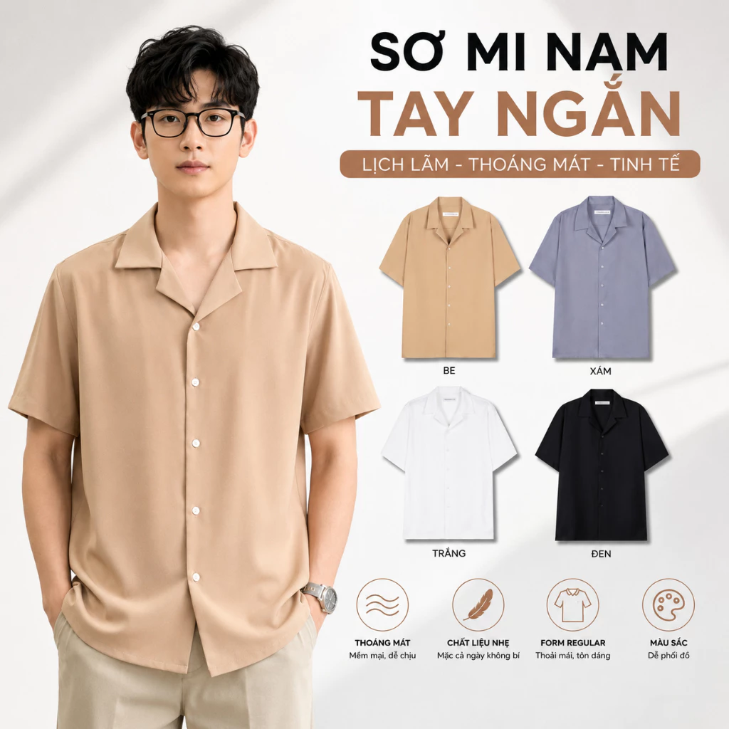Áo Sơ Mi Nam Cổ Vest Tay Ngắn GEN ALPHA Vải Chéo Thái - Phong Cách Hàn Quốc Đi Làm Đi Chơi