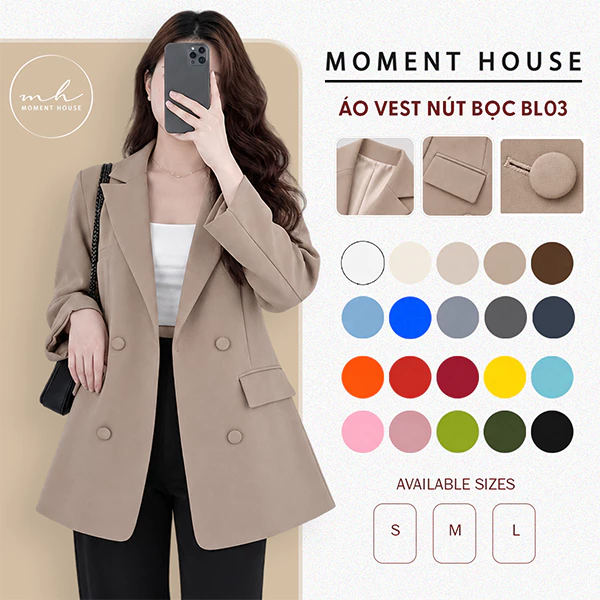 VEST NÚT BỌC - BL03, có đệm vai, chiết ben eo nút bọc may 2 lớp, form lên chuẩn hack dáng siêu đẹp