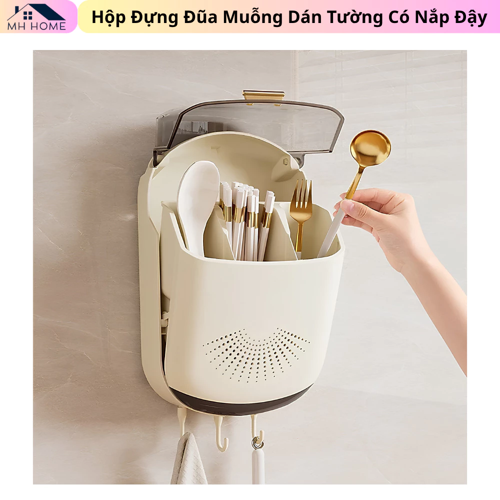 Ống Đũa Treo Tường Màu Kem Có Nắp Đậy Chống Bụi - Hộp Đựng Đũa Muỗng MH Home