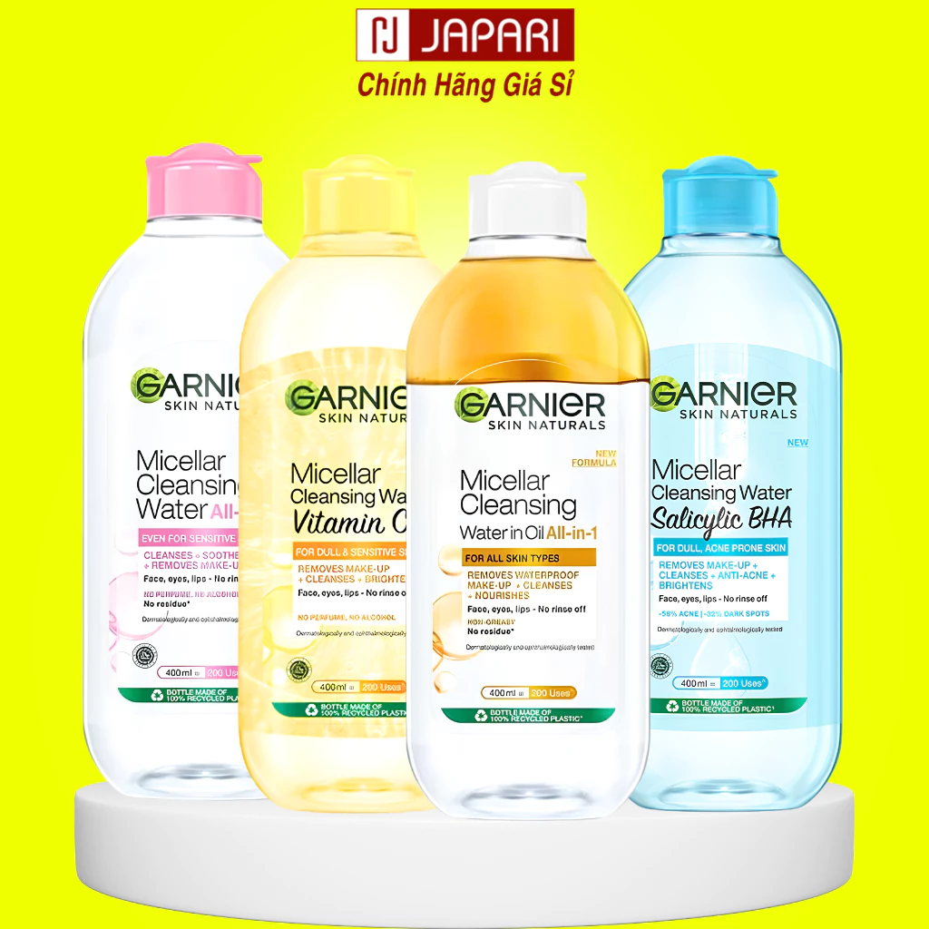 Nước Tẩy Trang Garnier Micellar Vàng Dầu /Xanh/Hồng Da Dầu Mụn,Nhạy Cảm,Khô Mini -Dầu Tẩy Trang Ganier JAPARI