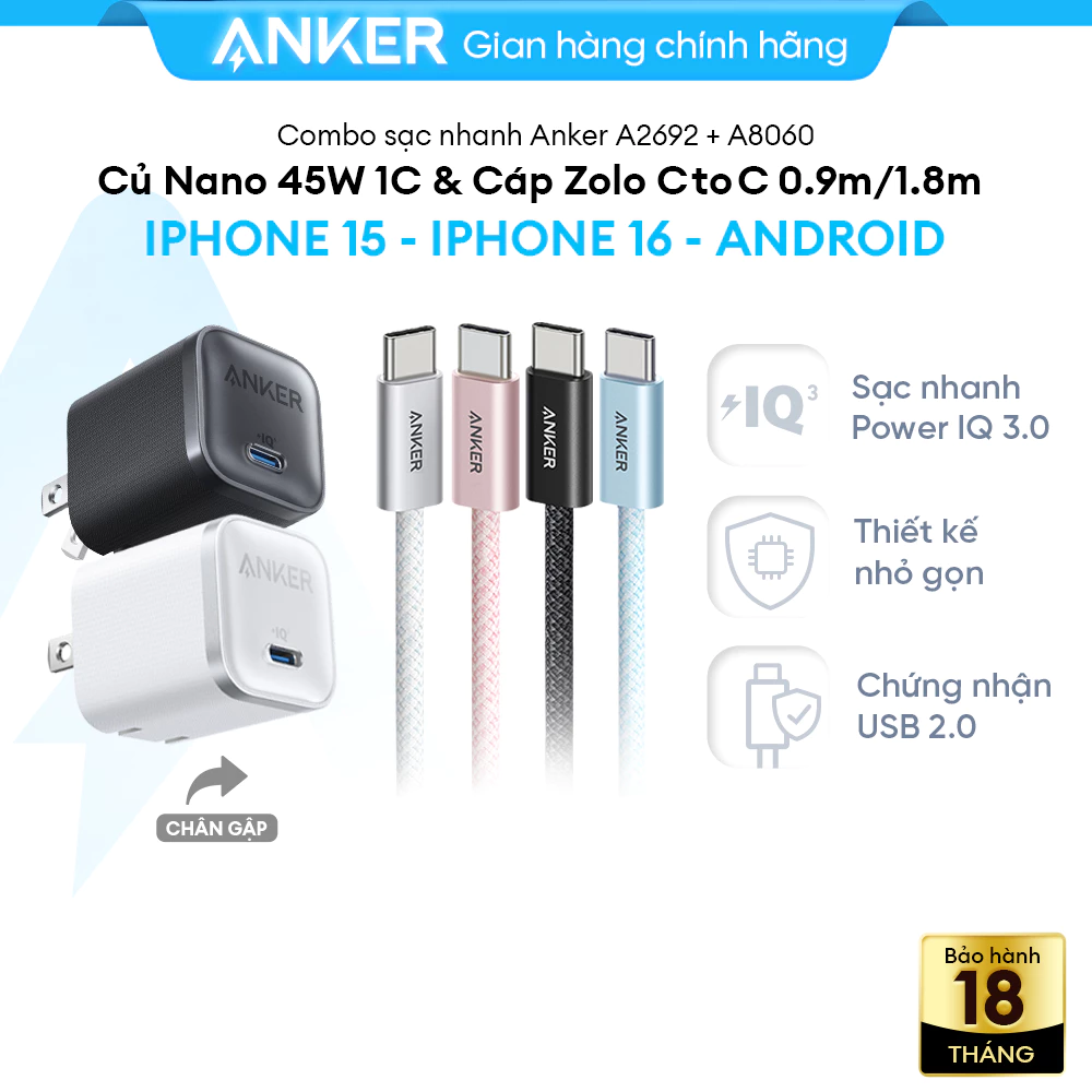 [LIVE] Combo sạc nhanh Anker cho iPhone 15-17/Samsung - Củ Nano 45W & cáp dù Zolo 240W - A2692 + A8060