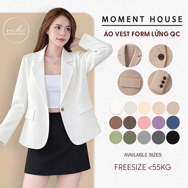 ÁO VEST XỊN FORM LỬNG , TAY 3 NÚT ,vải QC mềm 2 lớp có cầu vai, freesize dưới 55kg ( ÁO QC LỬNG )