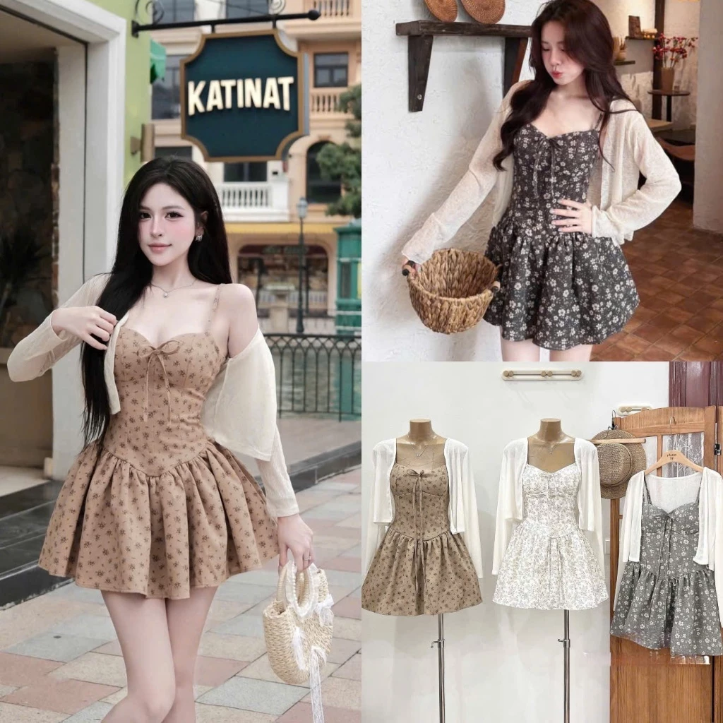 (Set Váy 3 Màu): Khoác Trắng Mỏng Mix Váy 2 Dây Hoa Đính Nơ Sẵn Đệm Ngực Chất Linen Đứng From Cực Xinh -Ảnh Thật Lollaye