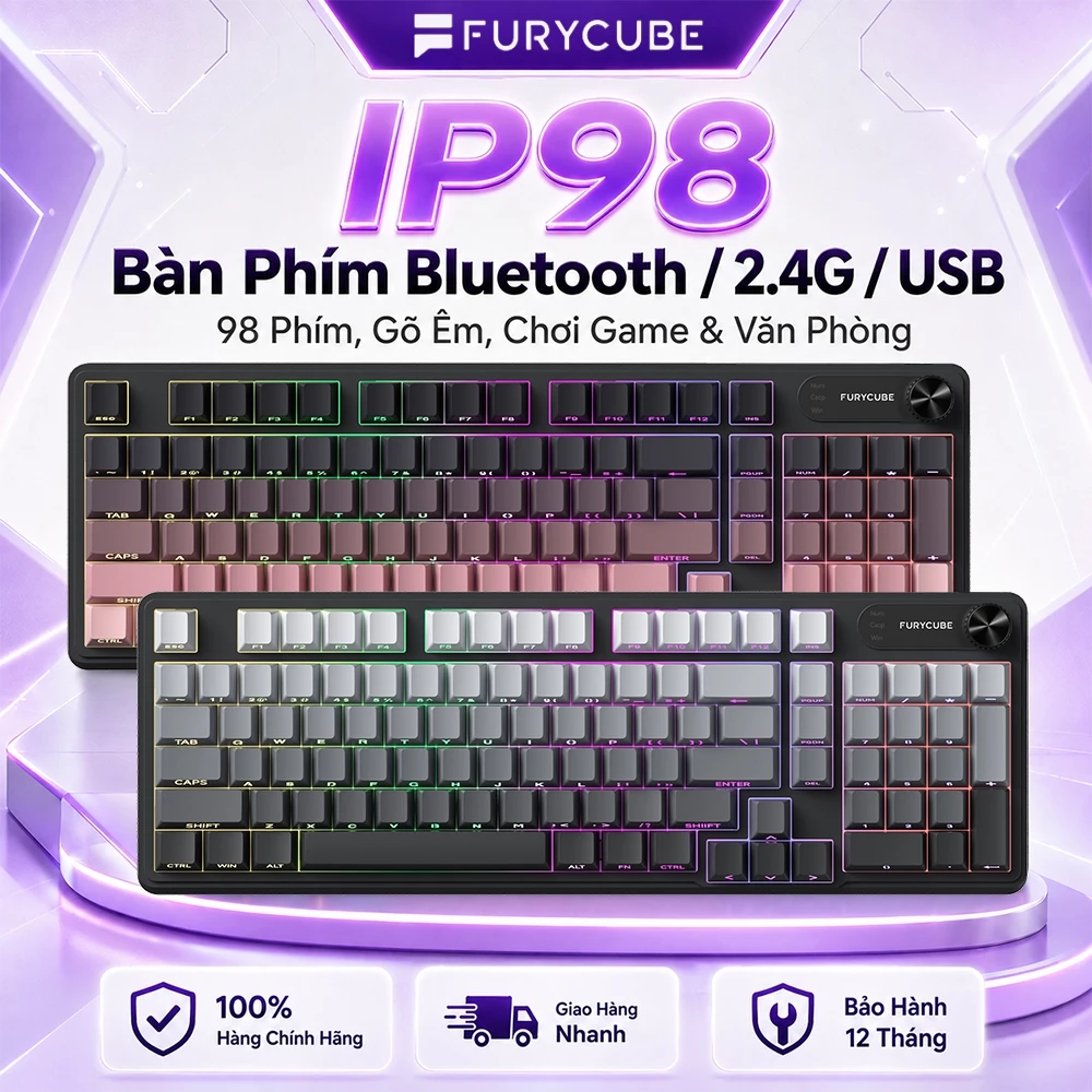 Bàn Phím Không Dây Bluetooth 2.4G FURYCUBE IP98 PRO, Có Dây USB, Không ồn, game/văn phòng, LED RGB