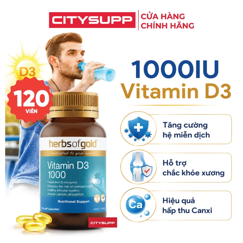 Viên Vitamin D3 Herbs of Gold (120 Viên) Hỗ Trợ Hệ Miễn Dịch, Chắc Khỏe Xương | CitySupp