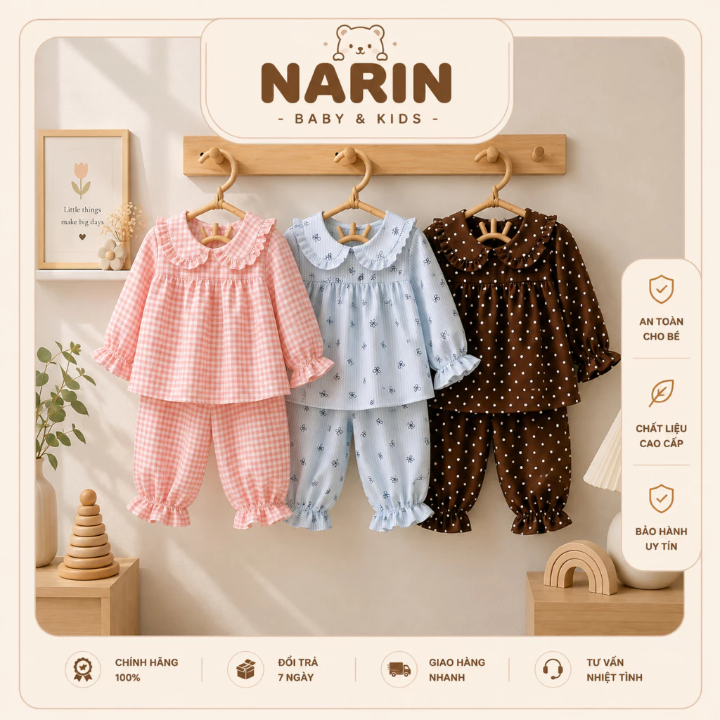 Bộ quần áo pijama cổ bèo - vải đũi mềm mại, thoáng mát giúp bé ngủ ngon giấc hơn size 9M-4Y và 8-17kg.