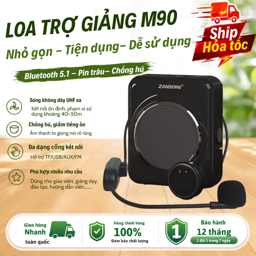 Loa Trợ Giảng Không Dây ZANSONG KAW M90 Sạc Micro Từ Tính Hiện Đại, Có Mic Cài Áo, Âm To Rõ Ràng