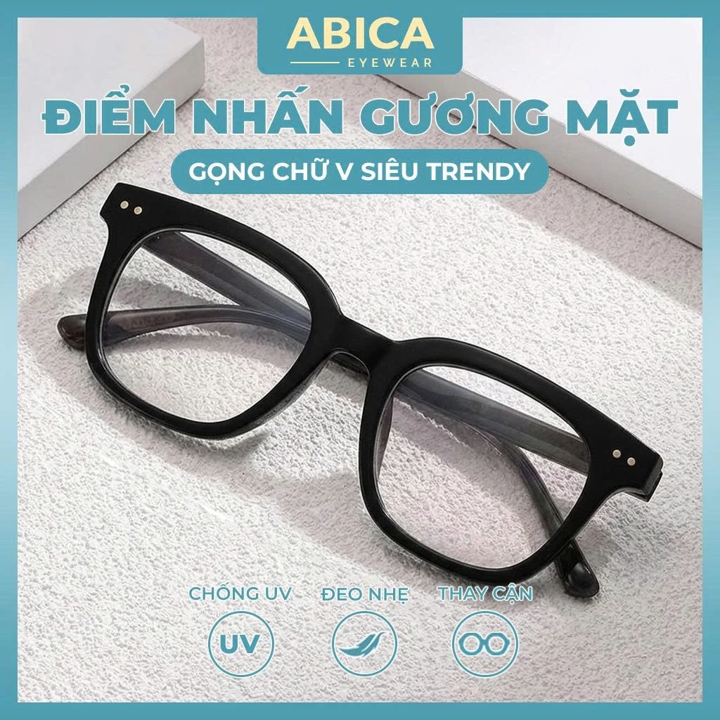 Kính mắt râm mát nữ nam gọng kính chữ V mắt kính không độ phong cách Ulzzang thay được tròng cận ABICA 050
