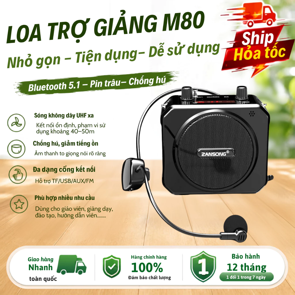 Loa Trợ Giảng Zansong KAW M80 dùng mic không dây ,nhỏ gọn pin bền hỗ trợ bluetooth 5.0