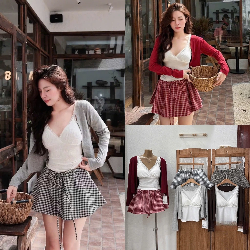 (Set 3 Chi Tiết): Áo Trắng Dây Ren Cổ V Chất Tăm+Cardigan Dài Tay Mỏng Nhẹ +Chân Váy Kẻ Xoè 3 Màu-Ảnh Thật Lollaye