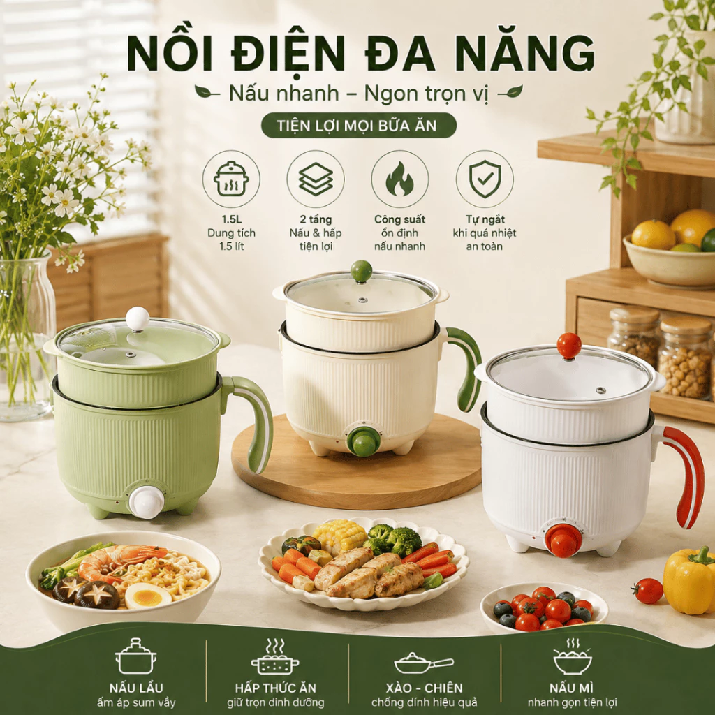 [NNN] Nồi Lẩu Điện Mini Nấu Mì 2 Tầng Kèm Giá Hấp Đa Năng, Nướng, Luộc, Chiên, Chống Dính Vấn Đá Tiện Lợi