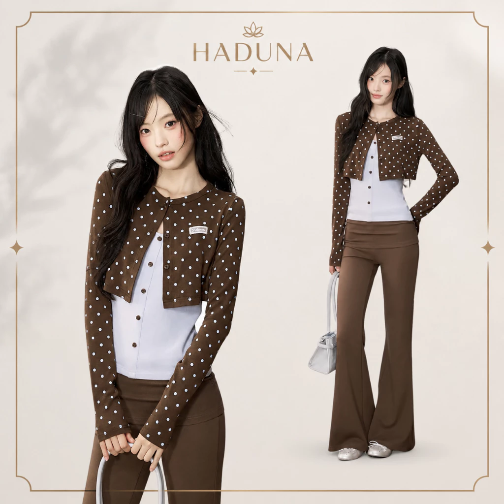 Set Áo Nữ 2 Món Cardigan Chấm Bi Nâu Kèm Áo Hai Dây Dáng Ôm Phong Cách Thanh Lịch AK056