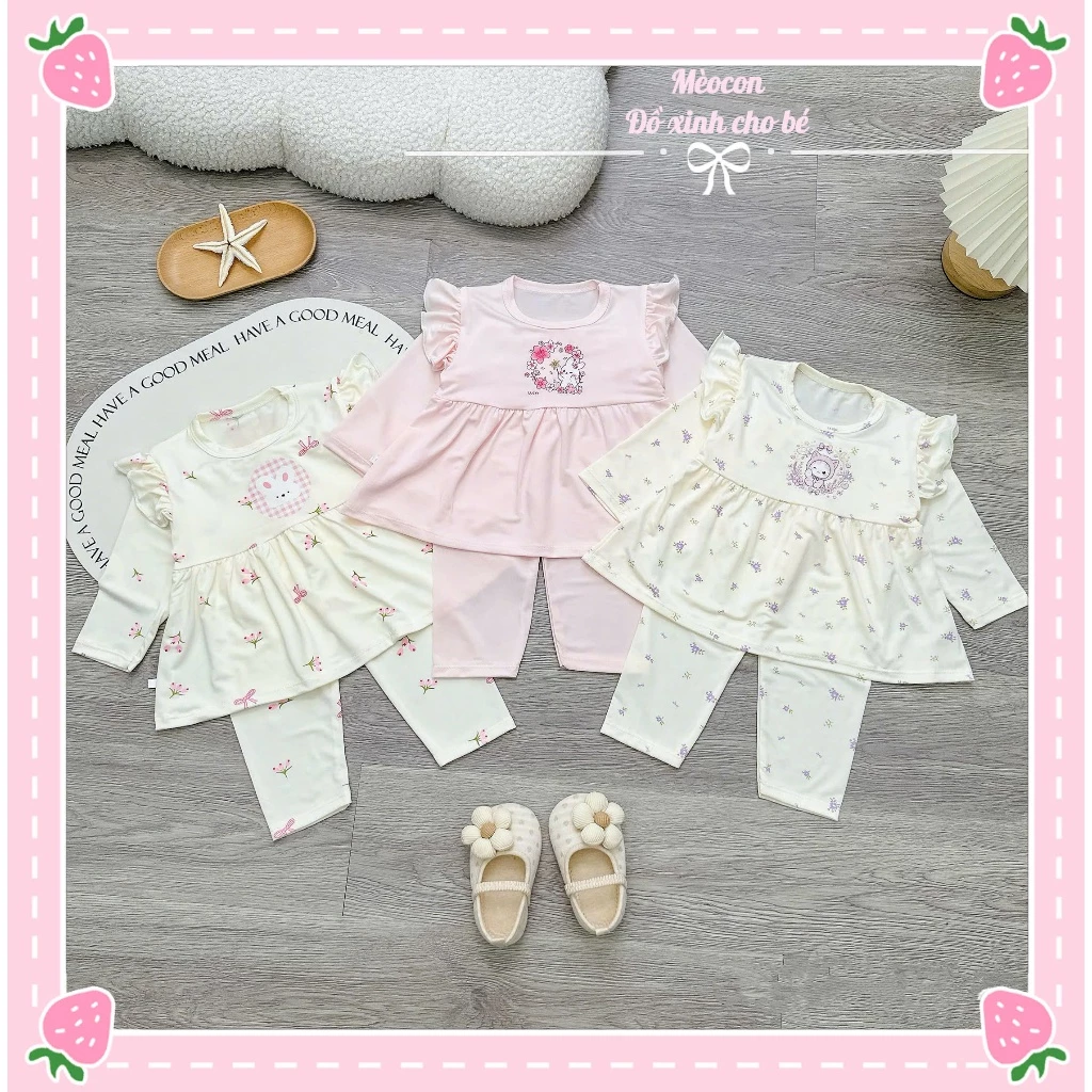 Bộ Đồ Dài Tay Babydoll Cho Bé Gái Vải Thun Lụa Cotton Mềm,Mát Mỏng Mịn Co Giãn Phối Bèo Vai Đáng Yêu 6-16KG
