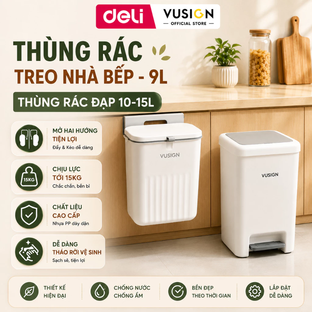 Thùng Rác Treo Tủ Bếp 9L Deli Dán Tường Móc Treo Có Nắp Kín, Chịu Lực Lớn - Thùng Rác Đạp 15L To