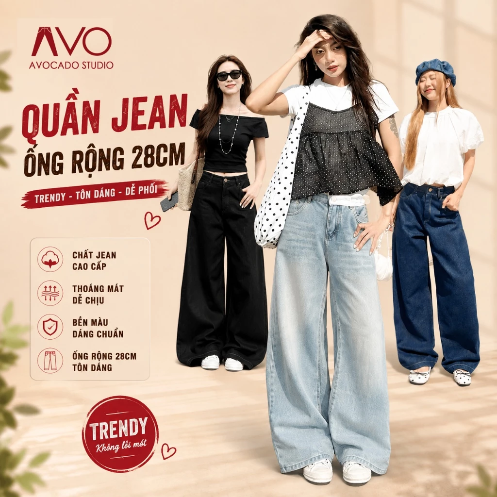 Quần Jean Avo Avocado Ống Rộng Tôn Dáng Quần Bò Wash Màu Unisex Thời Trang Nam Nữ QTD001
