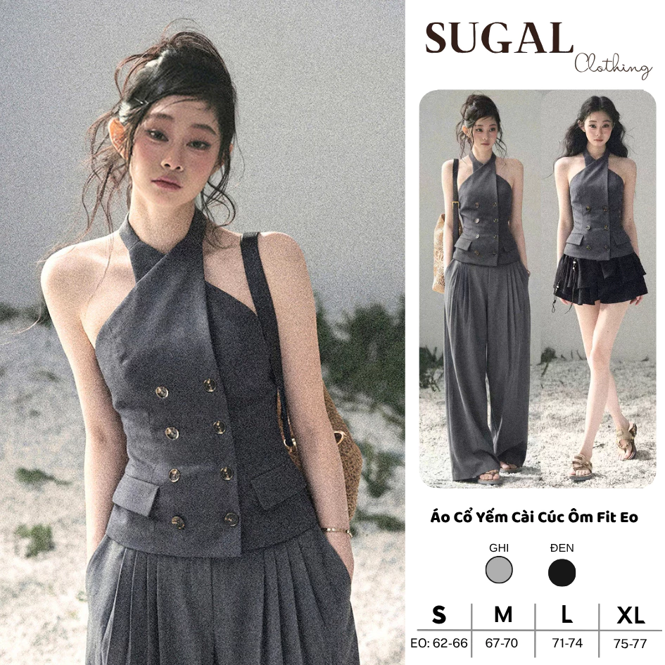 SUGAL - Áo Yếm Nữ Đan Chéo Cổ Dáng Vest Cao Cấp - Áo Kiểu Nữ Sát Nách Hai Hàng Cúc Chiết Eo Tôn Dáng | TOP NU 327