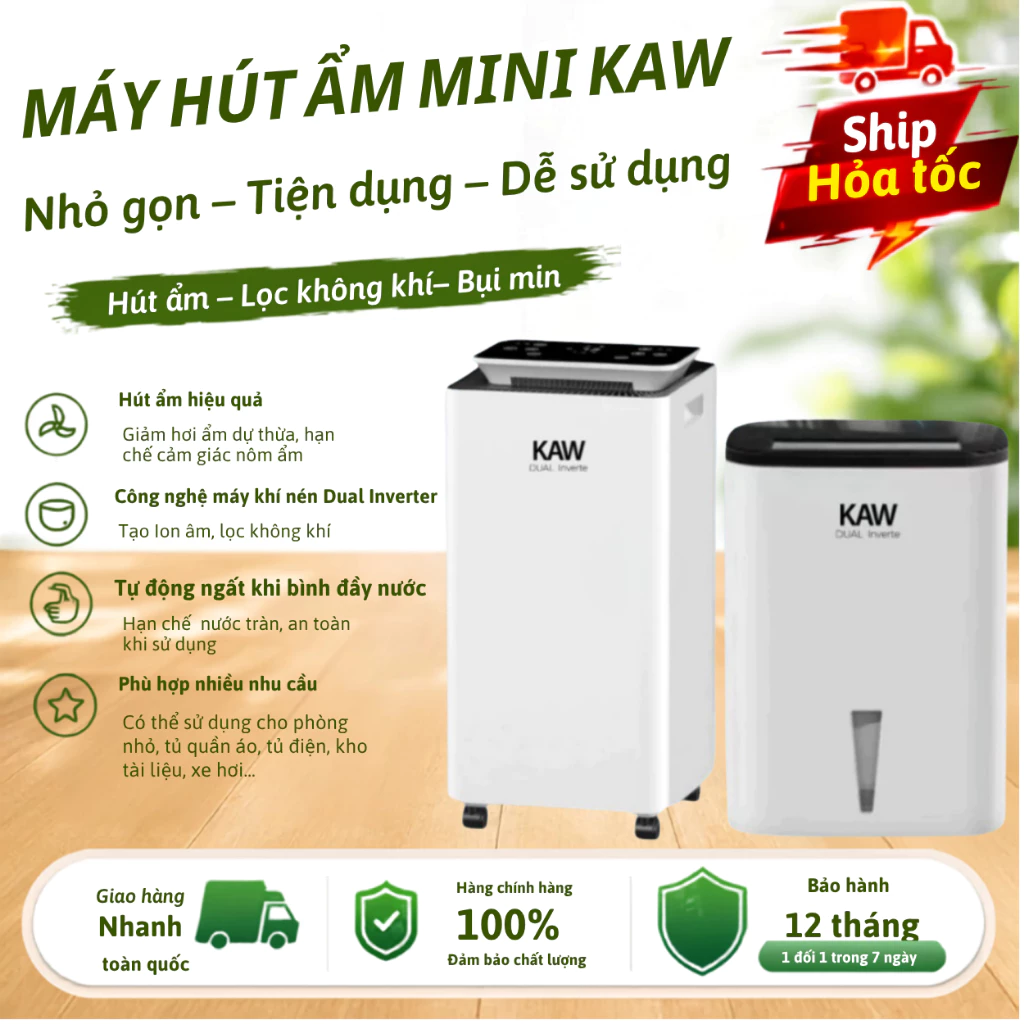 Máy hút ẩm KAW cho gia đình phòng ngủ, phòng khách, công suất cao - BẢO HÀNH CHÍNH HÃNG 12 THÁNG