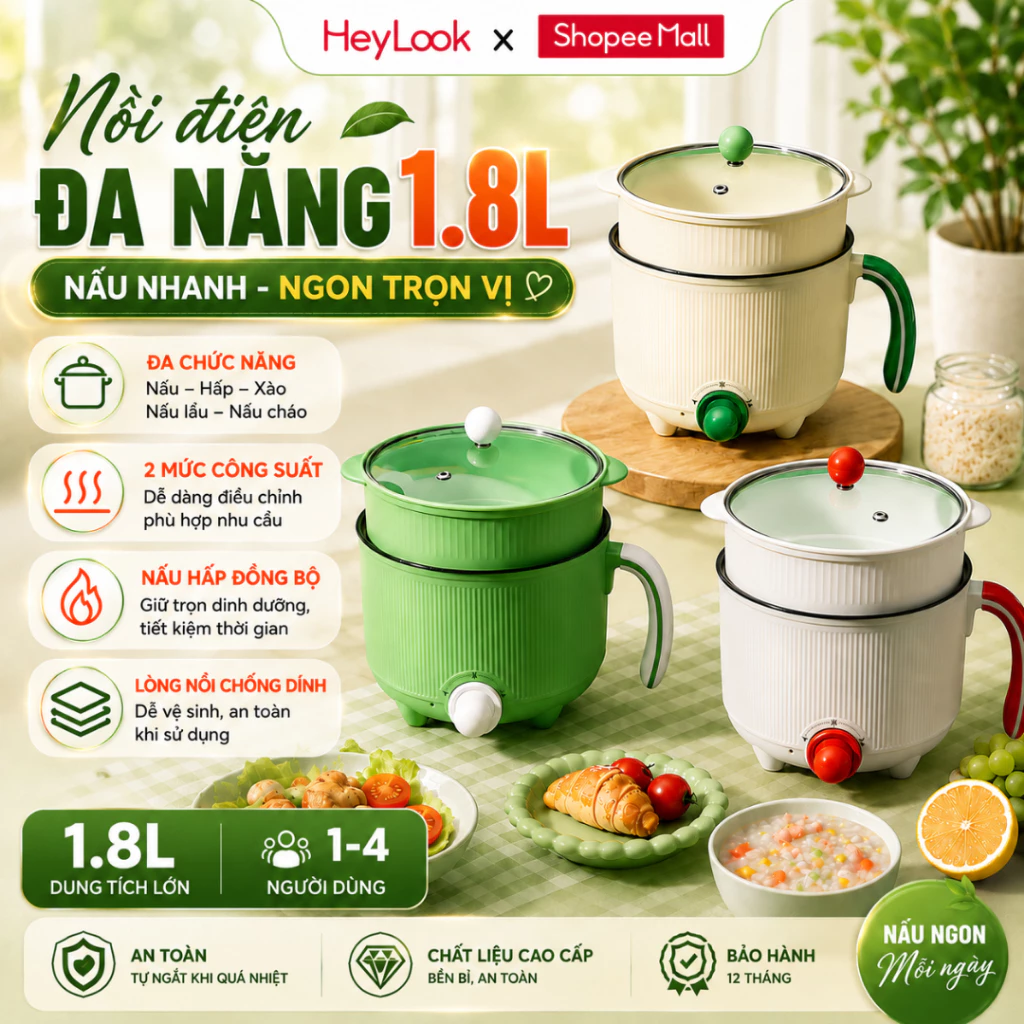 Nồi Điện Đa Năng 1.8L 600W, Nồi Lẩu Mini Chống Dính, Nấu Lẩu Hấp Chiên Luộc Kèm Xửng Hấp Tiện Lợi 2 Mức Nhiệt