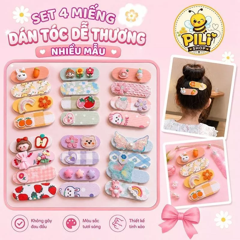 Set 4 Miếng Dán Tóc Mái Cho Bé Nhiều Mẫu Dễ Thương, Miếng Dán Giữ Tóc Sau Gáy Gọn Gàng Không Đau Đầu