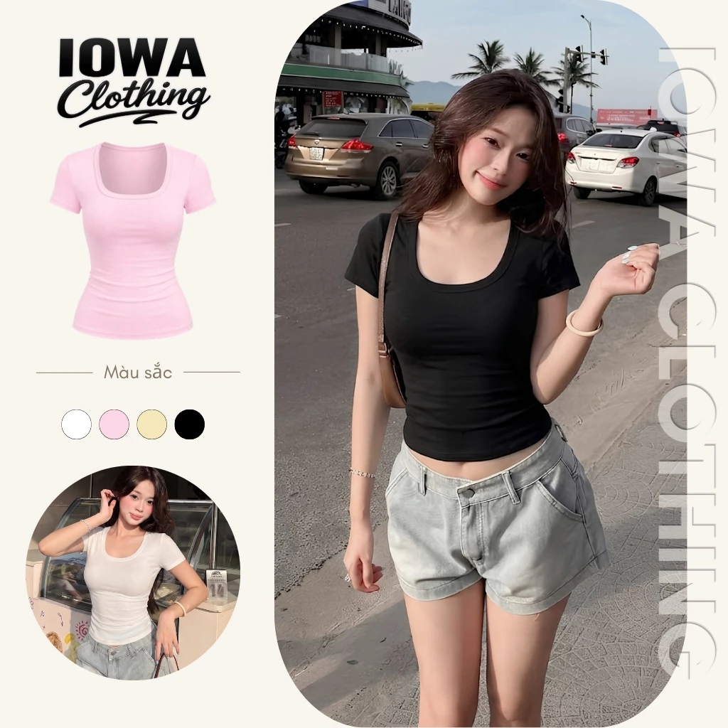 [MỞ BÁN] Áo Thun Nữ Tay Ngắn Cổ Vuông Ôm Body IOWA DD44 - Borip Lụa Basic Mềm Mịn, Co Giãn