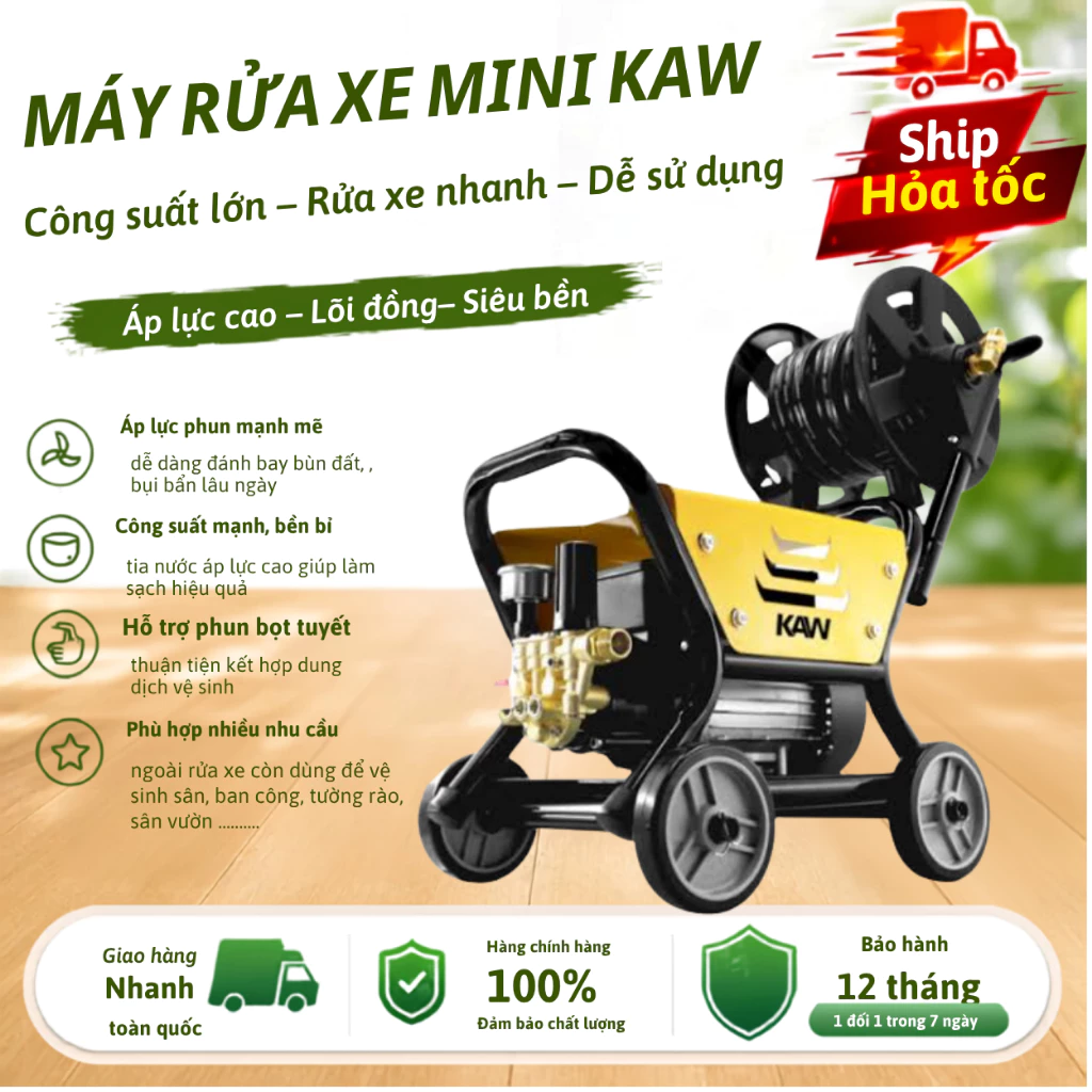 Máy rửa xe công nghiệp KAW, dây dài 20m motor động cơ không chổi than/lõi đồng - Công suất mạnh mẽ