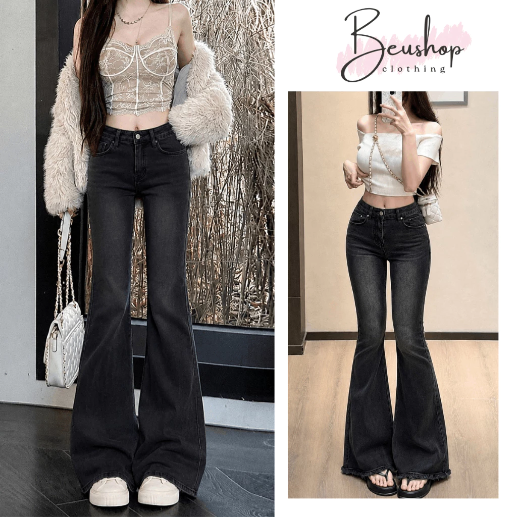 Quần Jean Nữ Ống Loe Xám Mài Tua WASH Retro Chất Jean Denim Mềm Cạp Cao Ôm Đùi Nâng Mông Tôn Dáng Q22