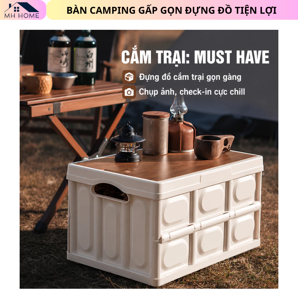Thùng Đựng Đồ Camping 56L Gấp Gọn Nắp Gỗ – Hộp Đựng Đồ Dã Ngoại Đa Năng Làm Bàn Picnic