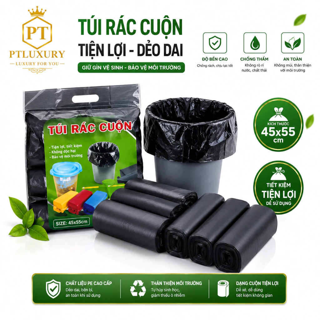 Combo 3 cuộn túi rác tự phân hủy khổ lớn 55 cm x 65 cm [ HÀNG TỐT ]