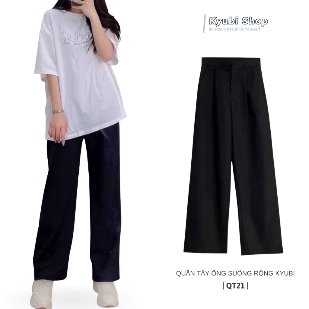Quần tây đen ống rộng suông dài Hàn Quốc phong cách Ulzzang (Có Bigsize, Size Đại) - Quần Culotte Kyubi QT21