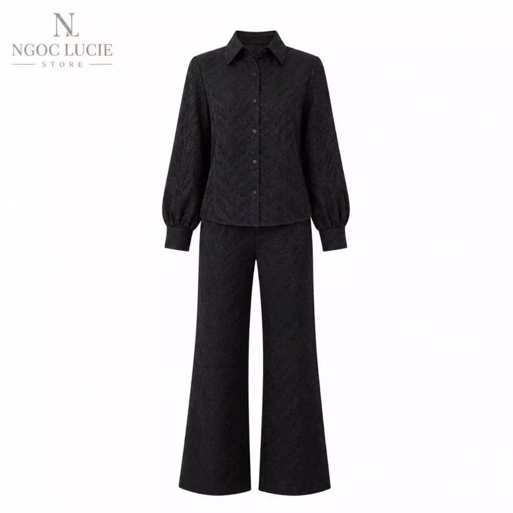 G15 - Set Áo Sơ Mi Tay Phồng Quần Ống Suông Rộng Dệt Nổi Thanh Lịch Ngọc Lucie