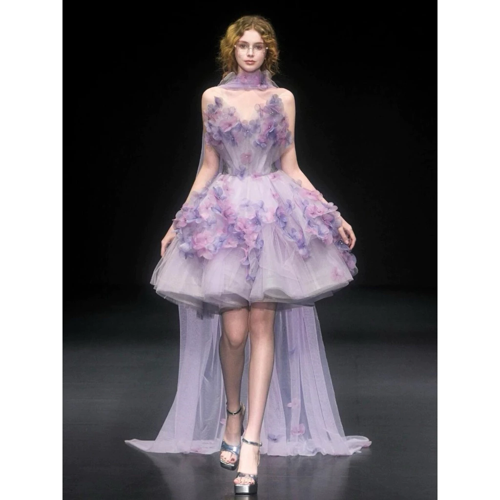 Đầm Nữ Hoa Tím Pastel Dáng Công Chúa Phối Voan Tulle Xòe Bồng Trang Trí Hoa 3D Dự Tiệc Chụp Ảnh