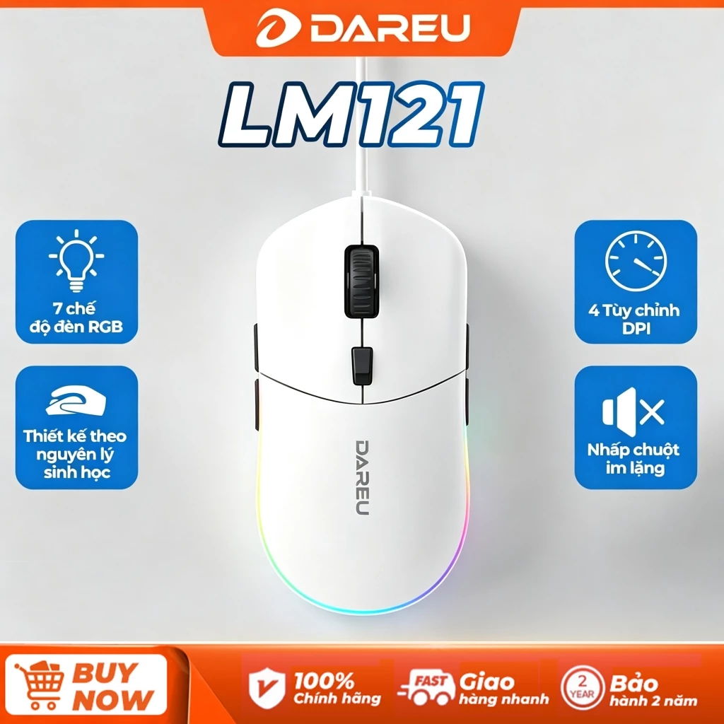 Chuột DAREU  Có Dây LM121 - DPI 6400 không tiếng ồn Silent Click Đèn Led 7