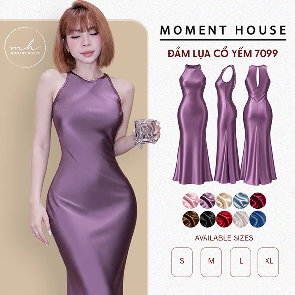 Đầm lụa Yếm dáng dài  ko dây kéo, lụa cao cấp Tô Châu, Size SML, giãn nhẹ ( LUA-7099)