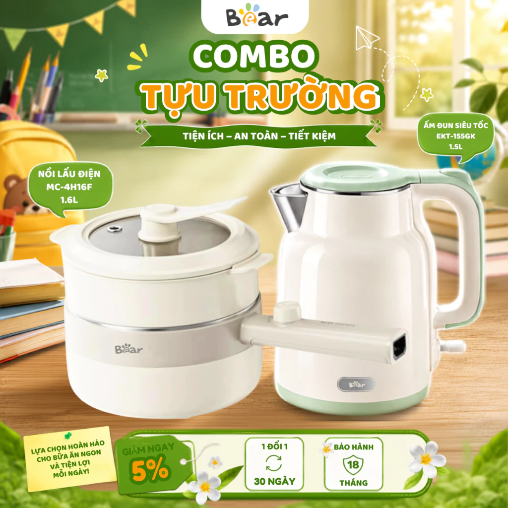 [COMBO TỰU TRƯỜNG]Nồi Lẩu Điện Kèm Lồng Hấp 1.6L Bear MC-4H16F + Ấm Đun Siêu Tốc 1.5L Bear EKT-155GK