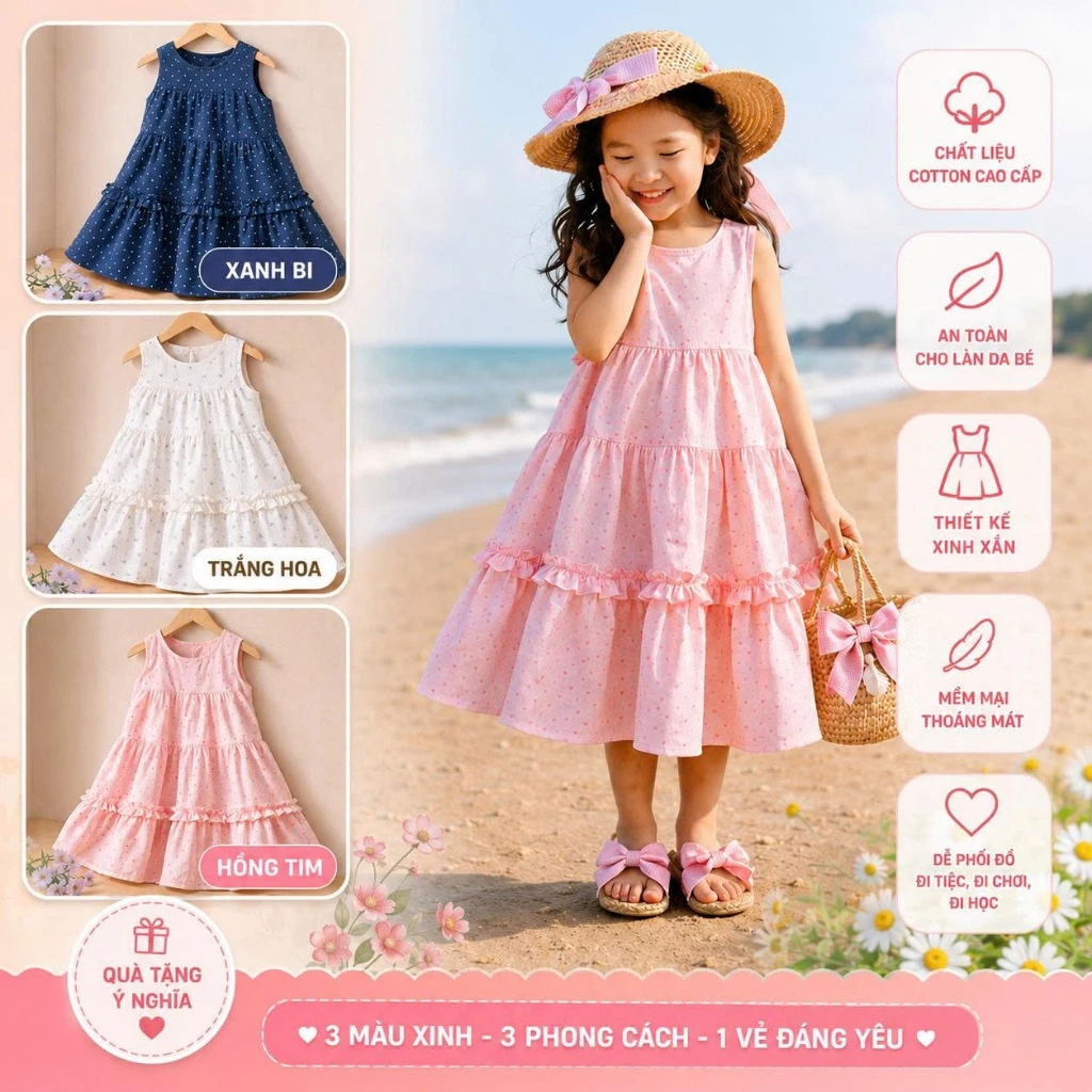 Đầm Bé Gái Size Đại 45kg Chất Cotton Thoáng Mát - Váy Thiết Kế Bé Gái Thời Trang Hottrend 2026 - Váy Xòe Bé Gái 12 Tuổi