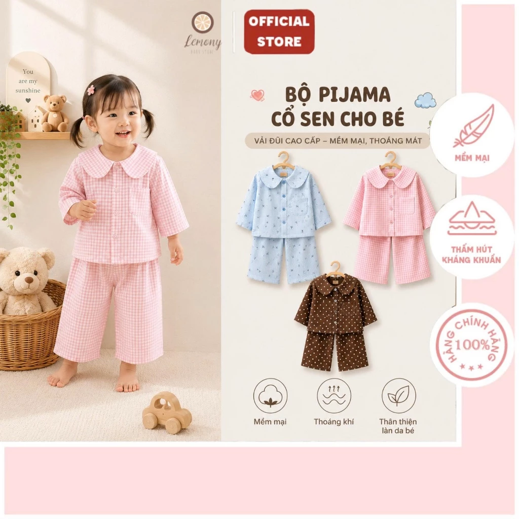 Bộ Pijama Cổ Sen Cho Bé, Đồ Ngủ Trẻ Em Dài Tay, Mềm Mại, An Toàn, Size 9 Tháng - 4 Tuổi | Bộ Đồ Mặc Nhà Đáng Yêu Cho Bé