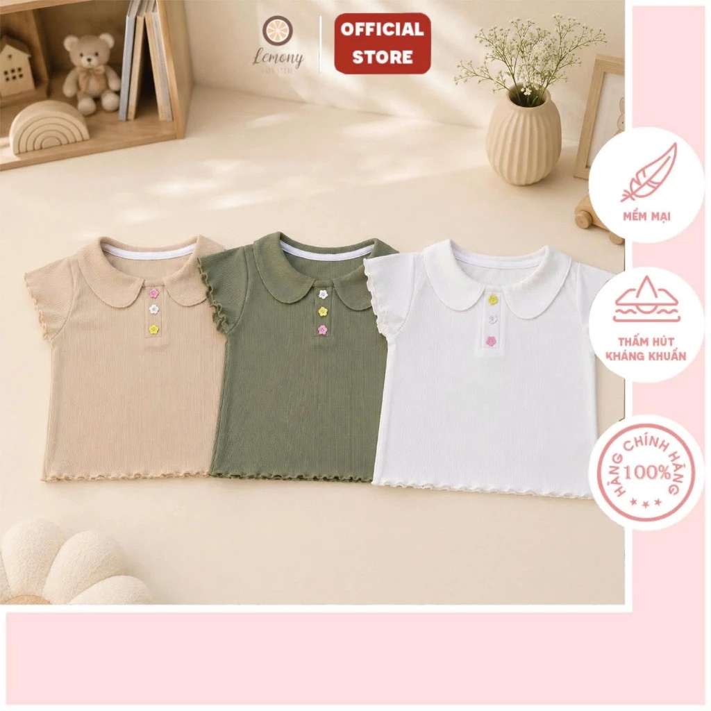 Áo Thun Bé Gái, Áo Cổ Sen Vải Tăm Co Giãn 4 Chiều Tay Ngắn Mềm Mát Cho Bé Từ 9 Tháng Đến 4 Tuổi