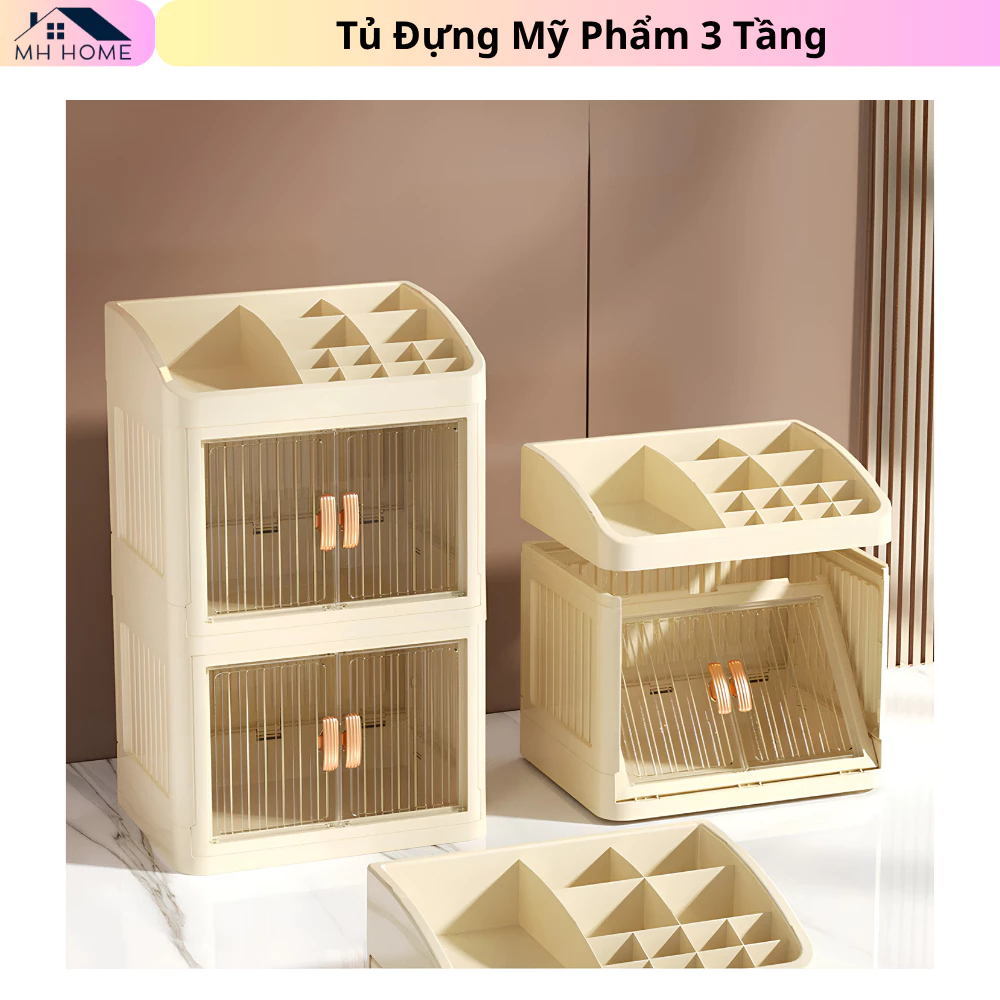 Tủ Đựng Mỹ Phẩm Gấp Gọn 3 tầng Có Cửa Trong Suốt - Kệ Đựng Đồ Trang Điểm, Skincare, Nước Hoa Chống Bụi