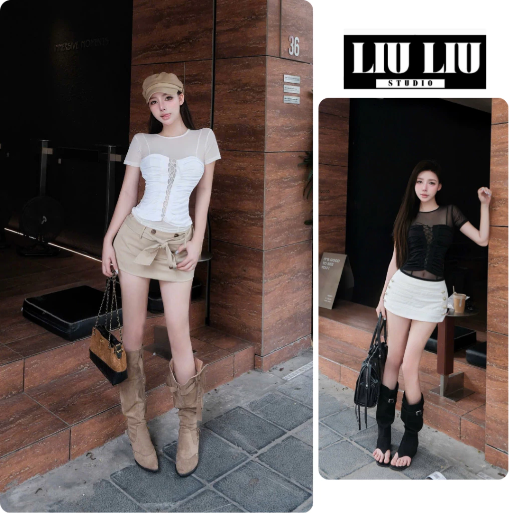 Áo lưới nữ đan dây corset LIULIU STUDIO Áo ôm dáng tay ngắn xuyên thấu phong cách y2k sexy cá tính trắng đen L56