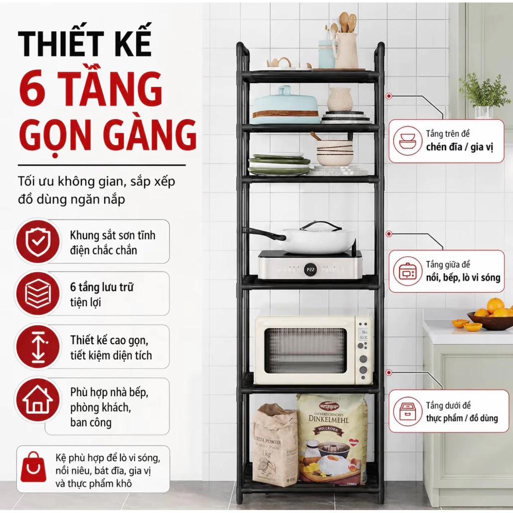 Kệ nhà bếp, Kệ đa năng 6 tầng khung thép, sơn tĩnh điện chống rỉ