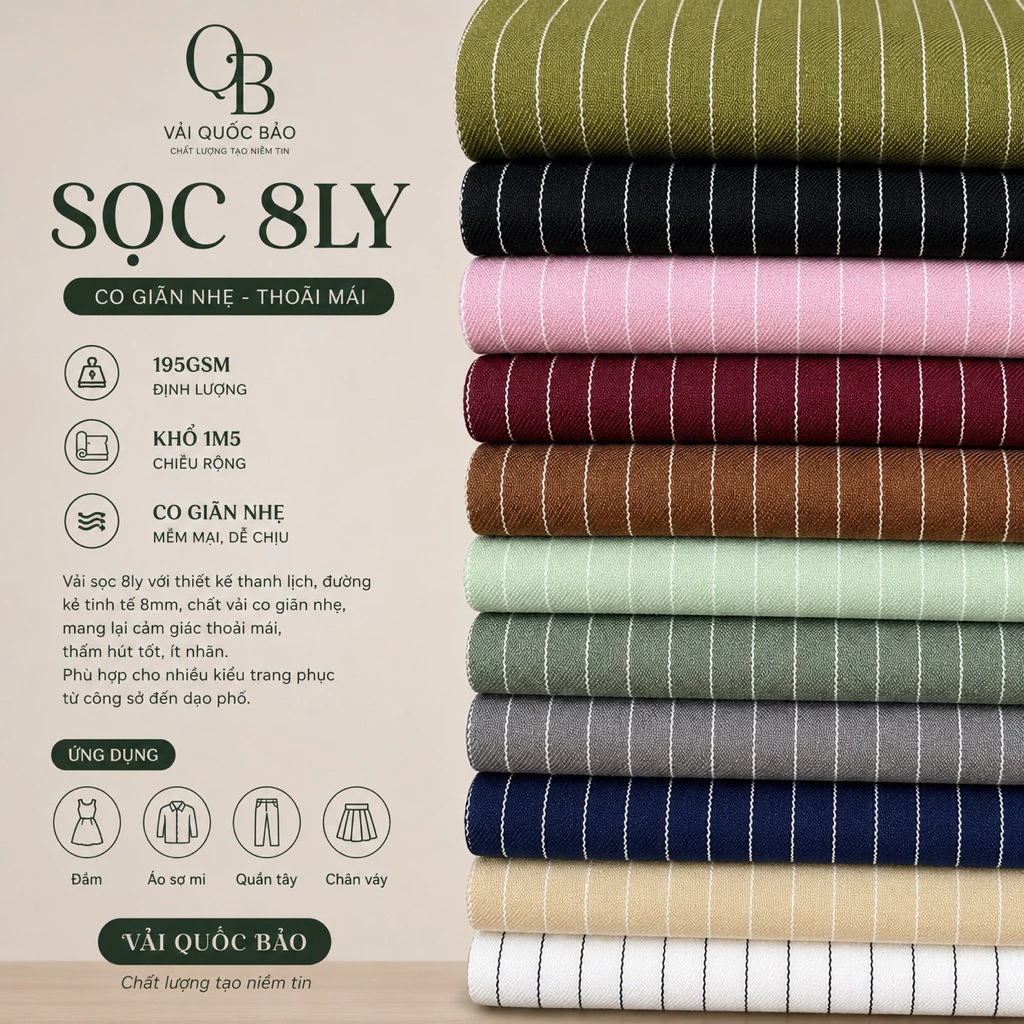[Vải Quốc Bảo] Vải sọc 8ly, co giãn nhẹ, 195gsm,khổ 1m5, đầm , quần , chân váy, vest, set, plazer