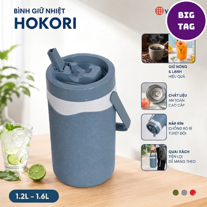bình nước giữ nhiệt Hokori 1.2L 1.6L quai xách tiện dụng giữ nóng lạnh lâu bền đẹp cao cấp 3983, 3984