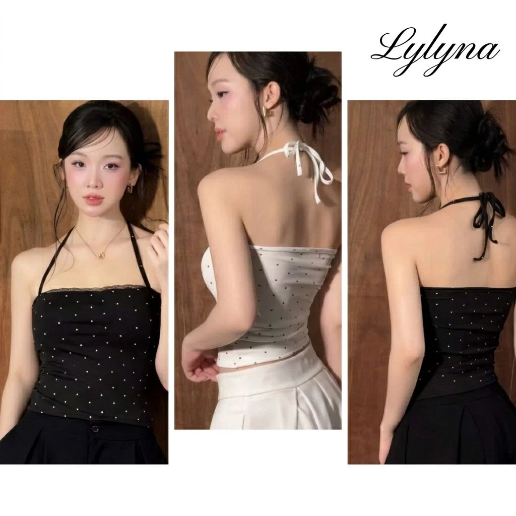Áo yếm thun chấm bi Hanie top, áo ôm phối ren đen trắng cột nơ tiểu thư sáng trọng - LYLYNA A032