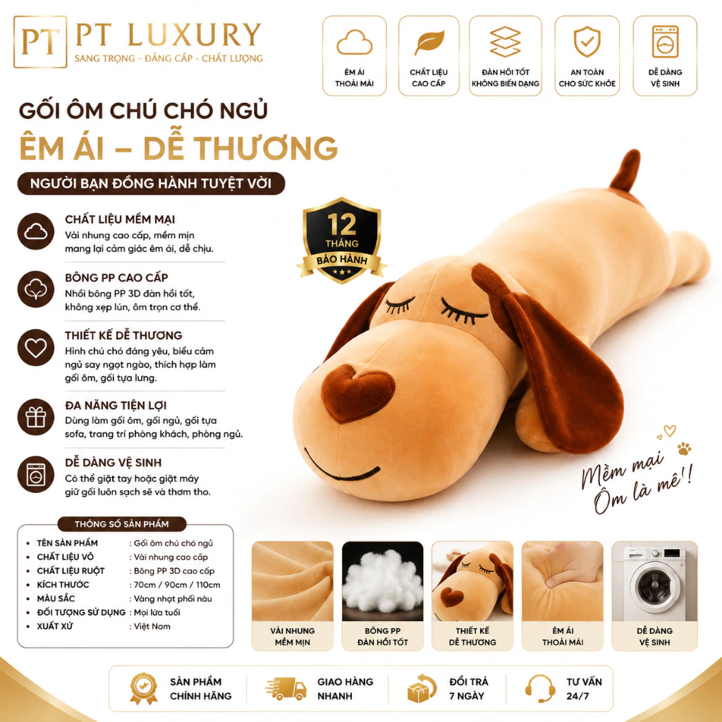 Gấu Bông Chó Ngủ Mũi Tim Tai Dài Cực Đẹp - Gối Ôm Hình Thú Nhồi Bông Mềm Mịn Size 70cm 90cm 1m2 Hàng Cao Cấp